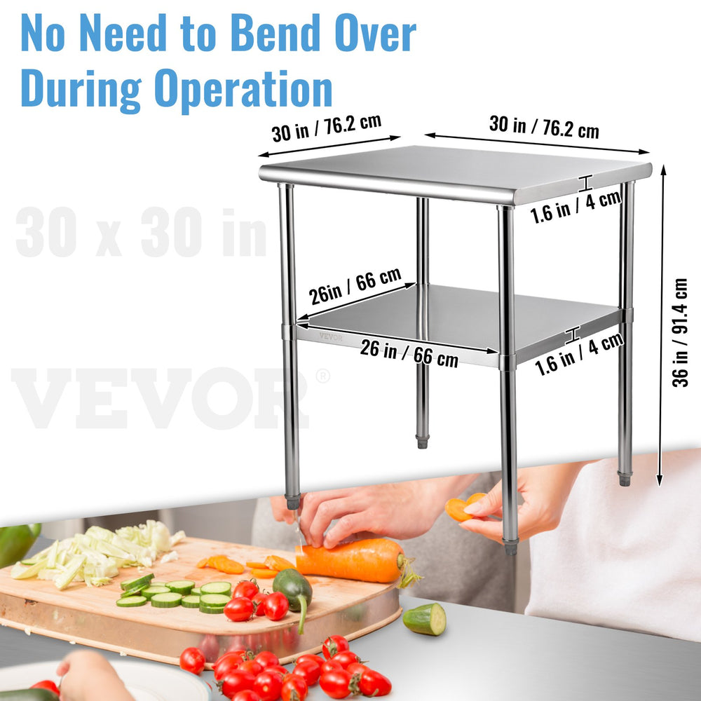 Vevor Stainless Steel Prep Table with Adjustable Undershelf 800 lbs. Load Capacity 30" x 30" x 36" New