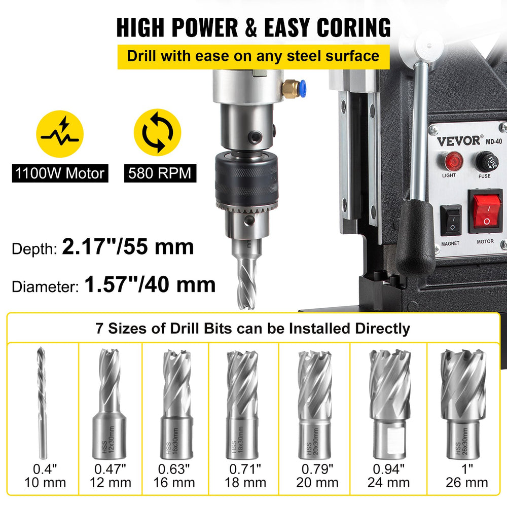 Vevor Magnetic Drill 1.57" Boring Diameter with 7 Bits 580RPM Max Speed 1100W New