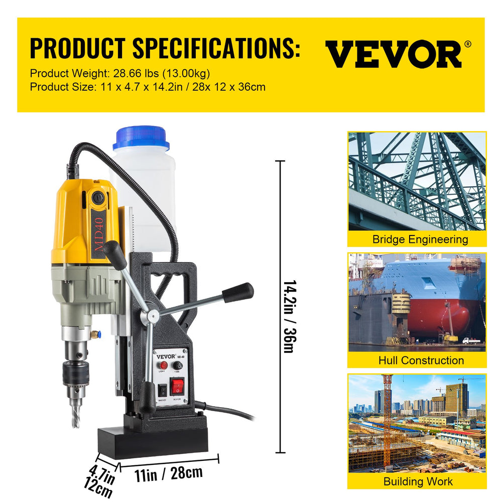 Vevor Magnetic Drill 1.57" Boring Diameter with 7 Bits 580RPM Max Speed 1100W New