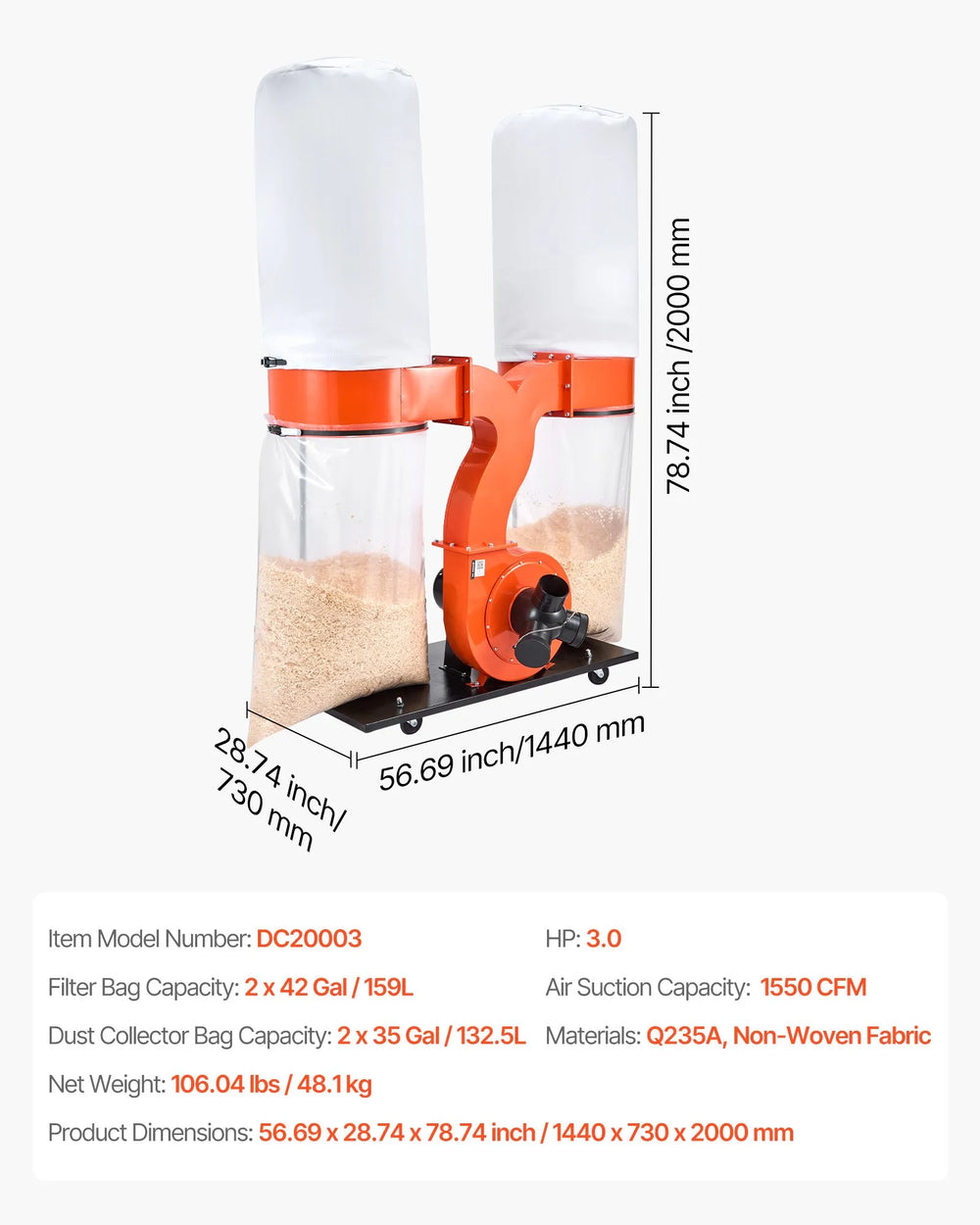 Vevor Dust Collector Vortex Cone with Two 35 Gal. Bags 1550 CFM 2.5 Micron New
