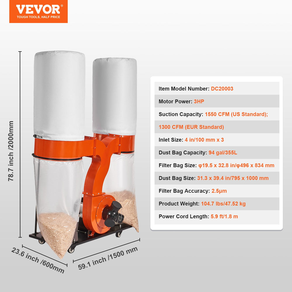 Vevor Dust Collector Dual Container 3 HP 1550CFM Filter Cleaner New