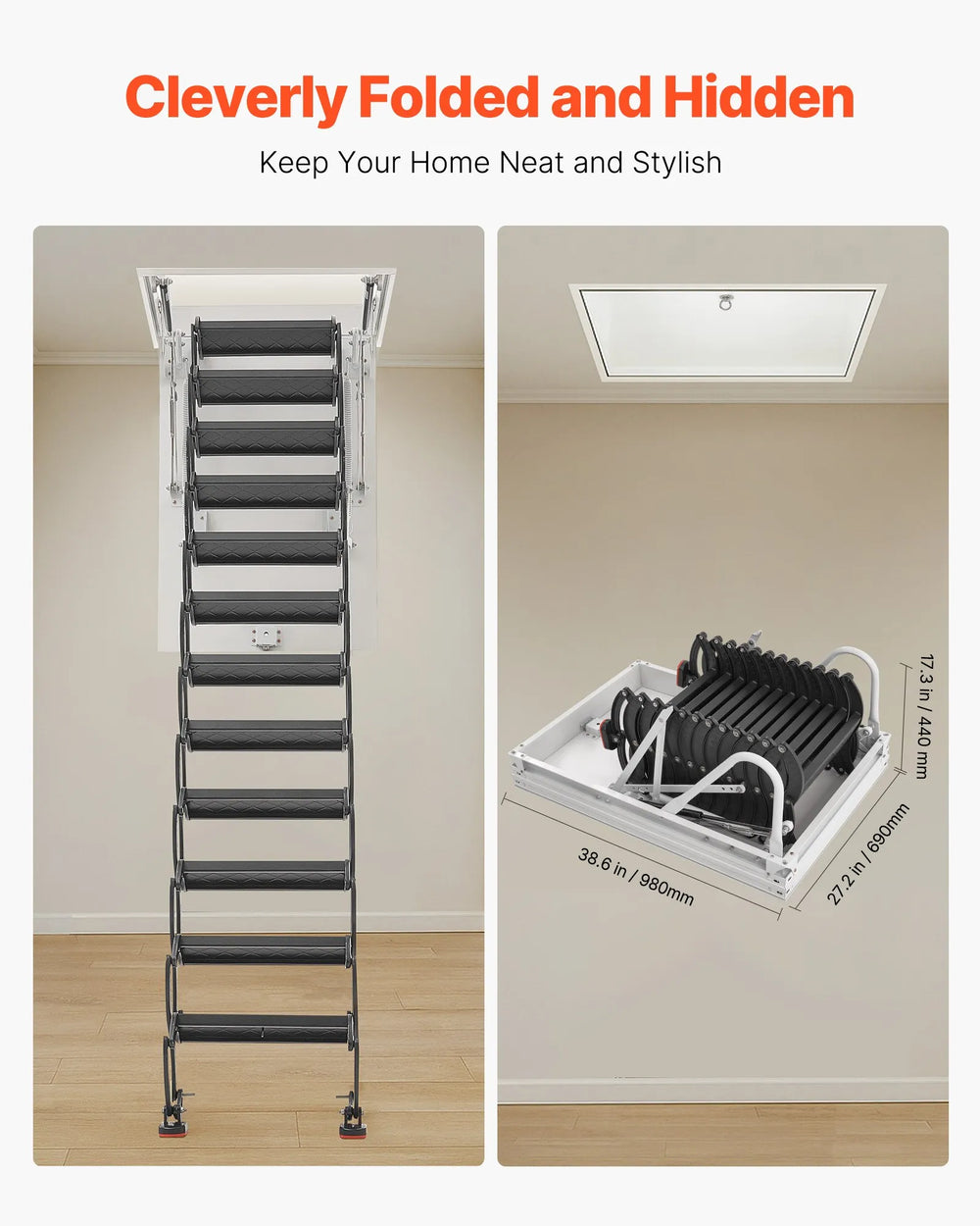 Vevor Attic Ladder 660 Lbs Capacity Alloy Steel Pull-Down Retractable for 8.5-9.4 Ft Ceilings New