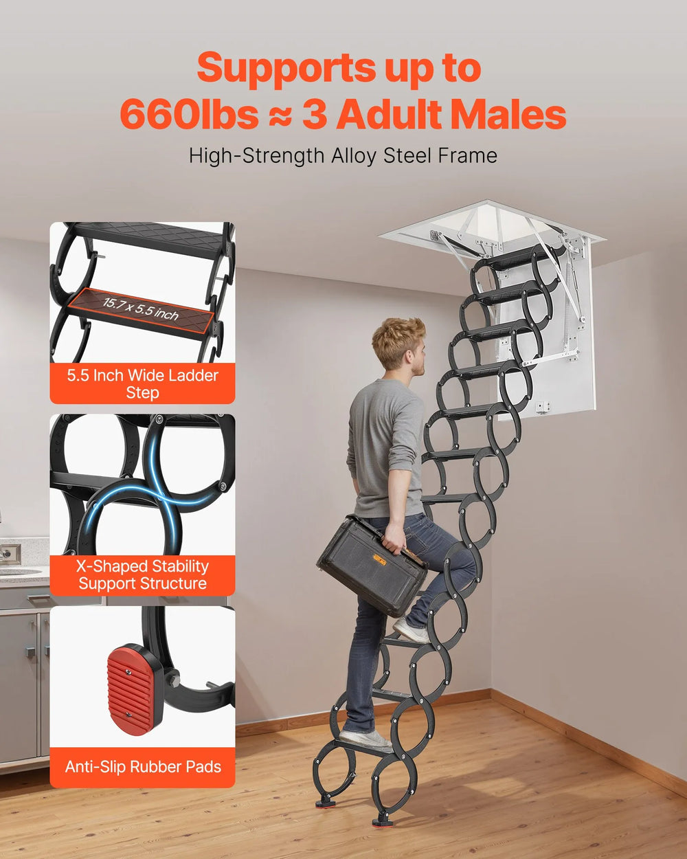 Vevor Attic Ladder 660 Lbs Capacity Alloy Steel Pull-Down Retractable for 9.5-10.2 Ft Ceilings New