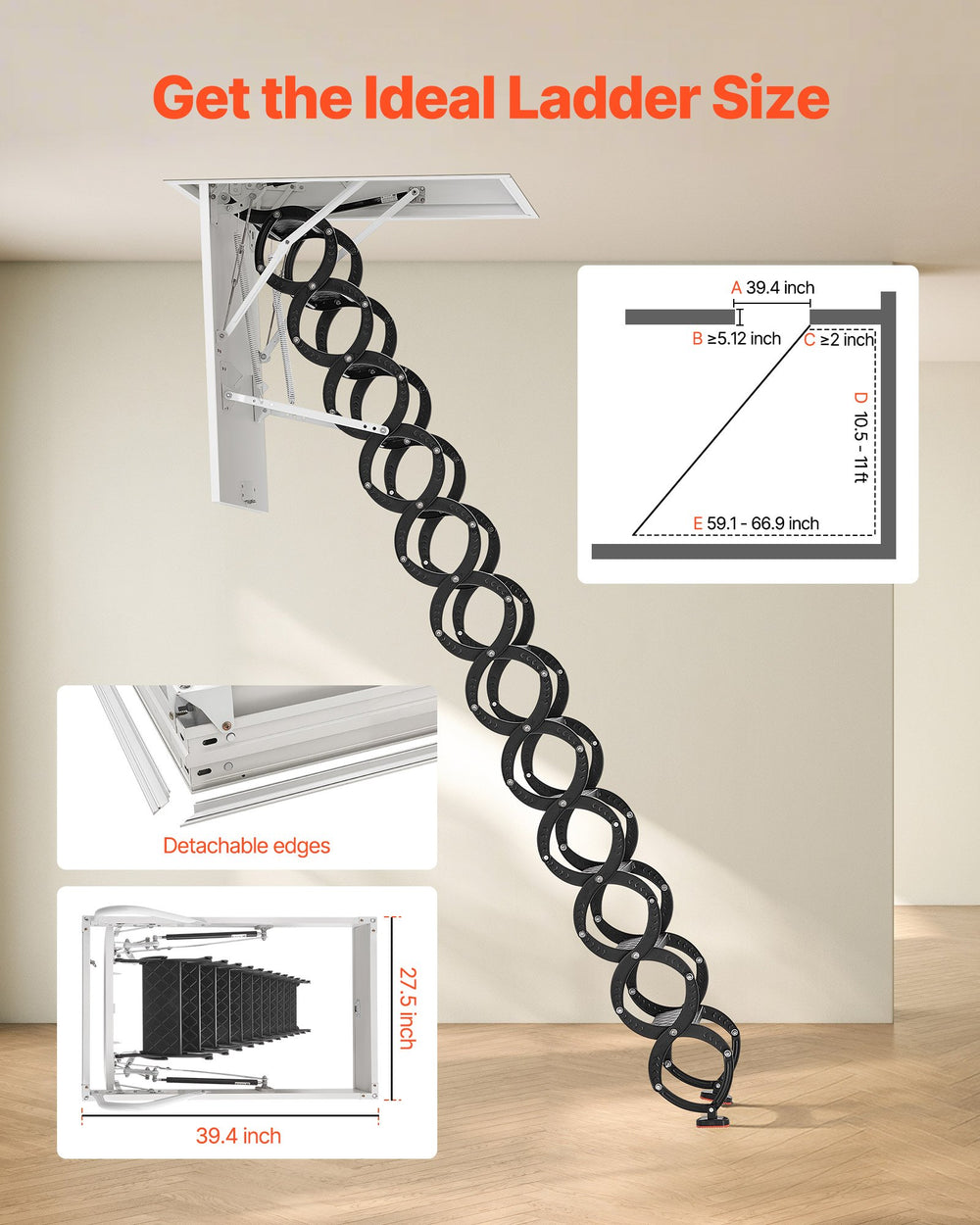 Vevor Attic Ladder 660 Lbs Capacity Alloy Steel Pull-Down Retractable for 10.5-11 Ft Ceilings New