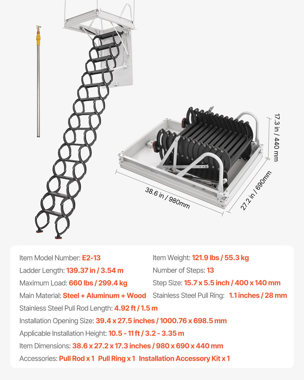 Vevor Attic Ladder 660 Lbs Capacity Alloy Steel Pull-Down Retractable for 10.5-11 Ft Ceilings New