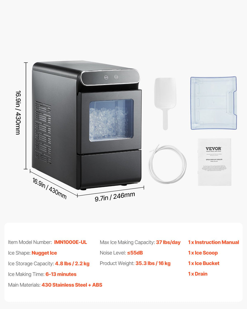 Vevor Countertop Nugget Ice Maker 37 Lbs/24H Self-Cleaning New