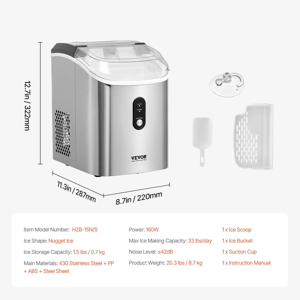 Vevor Countertop Nugget Ice Maker 33 Lbs/24H Self-Cleaning Stainless Steel New