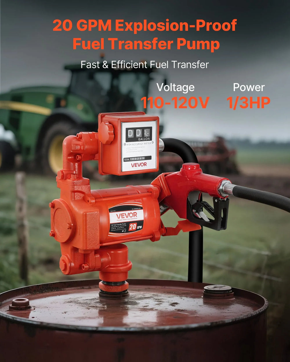 Vevor Fuel Transfer Pump with Meter 20 GPM Auto Shut-Off Nozzle New