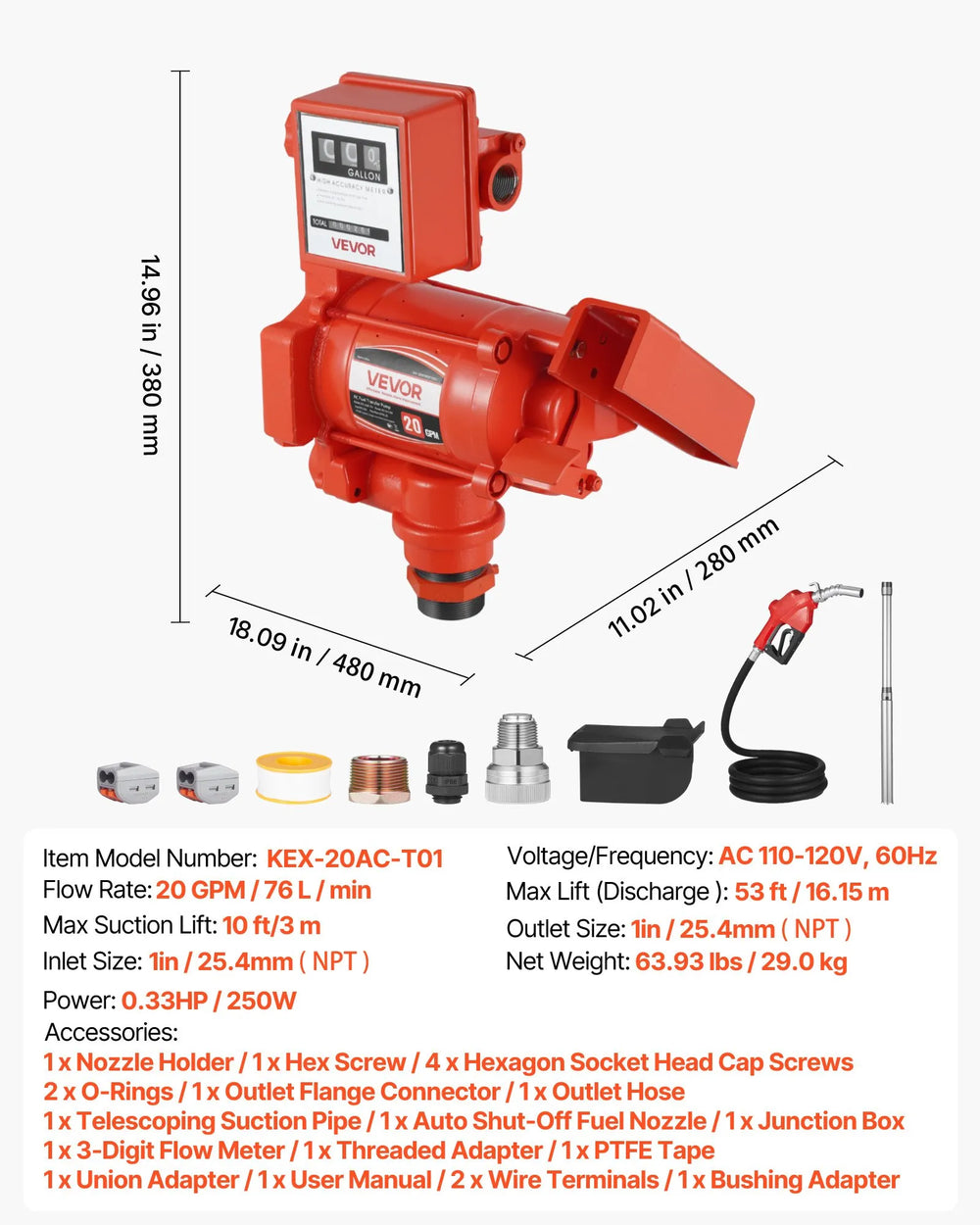 Vevor Fuel Transfer Pump with Meter 20 GPM Auto Shut-Off Nozzle New