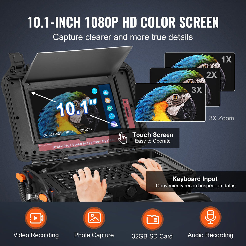 Vevor Sewer Camera 165 ft Self-Leveling with Built-In Transmitter 10.1" Touchscreen New