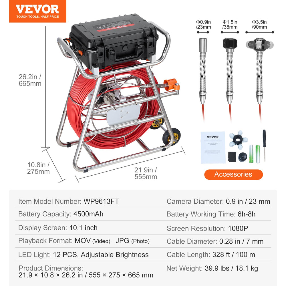 Vevor Sewer Camera 328 Ft. Self-Leveling Built-in 512Hz Transmitter with 10" Touchscreen New
