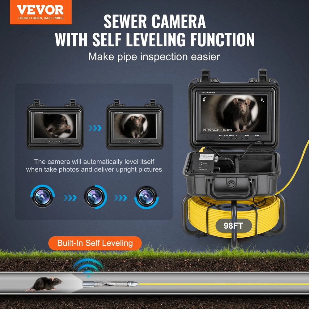 Vevor Sewer Camera 98 ft. Self-Leveling with 9" Screen 1080P HD 36x Zoom New