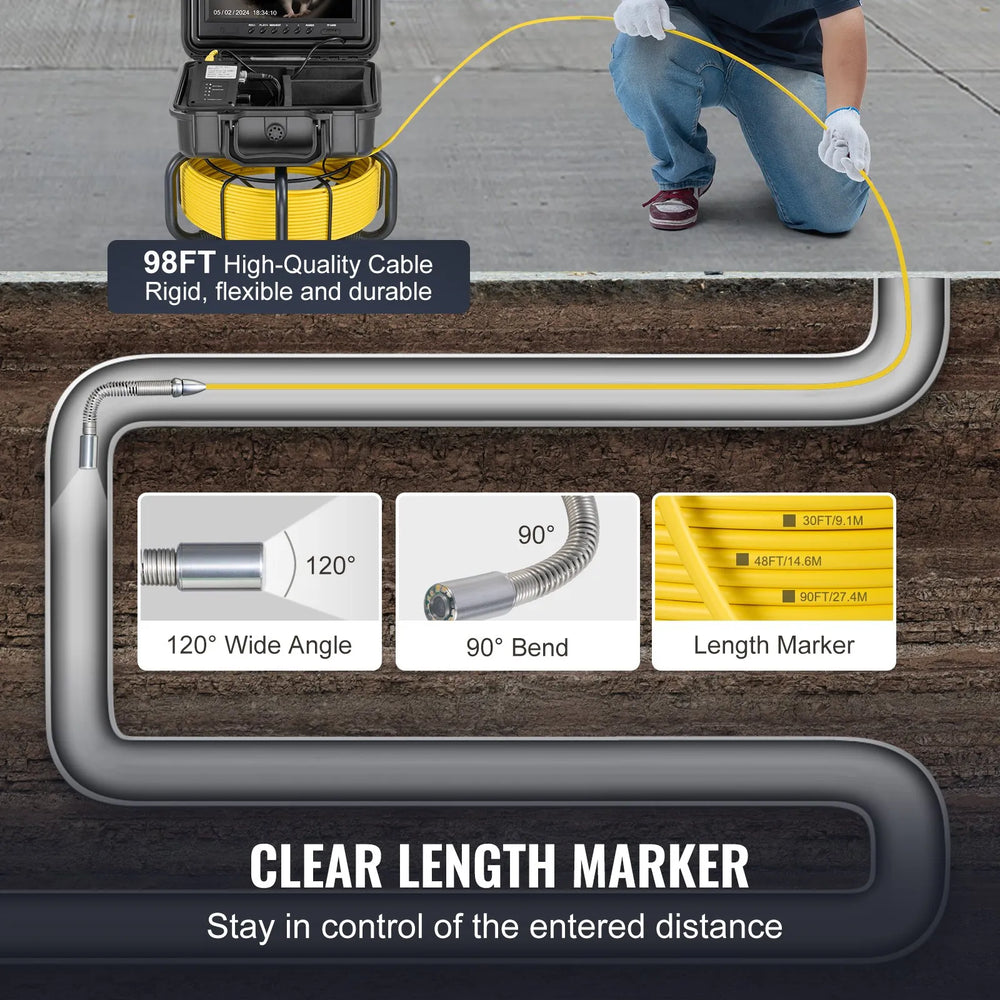 Vevor Sewer Camera 98 ft. Self-Leveling with 9" Screen 1080P HD 36x Zoom New