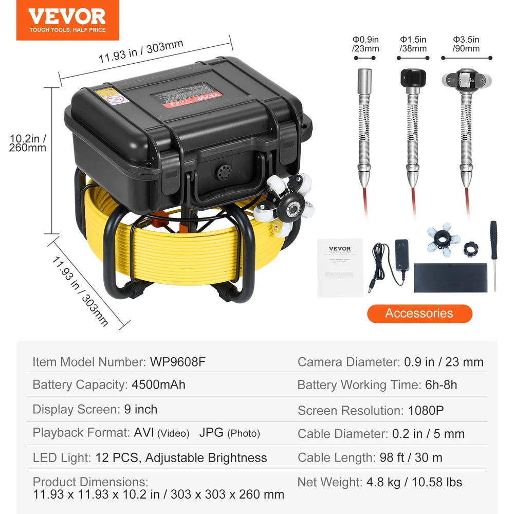 Vevor Sewer Camera 98 ft. Self-Leveling with 9" Screen 1080P HD 36x Zoom New