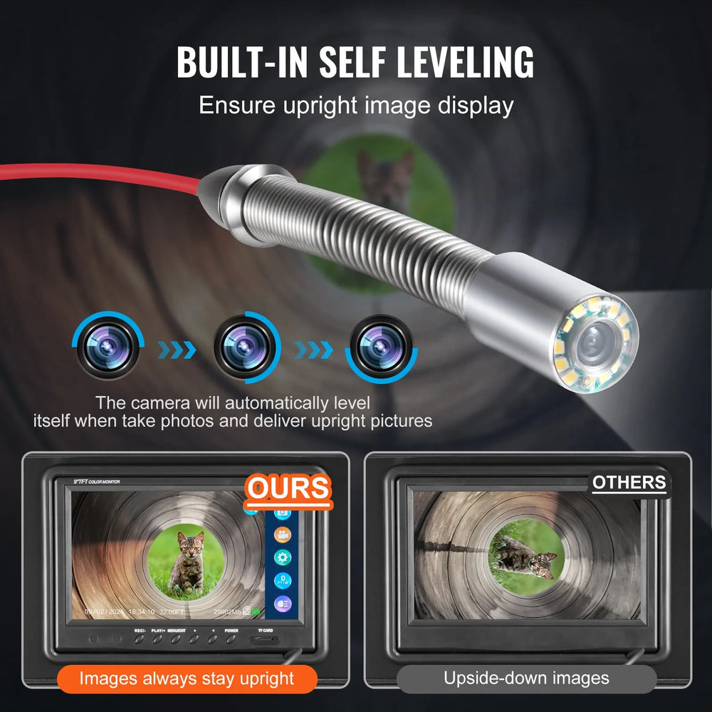 Vevor Sewer Camera 98 ft. Self-Leveling with 512Hz Transmitter LEDs 9" HD Screen New