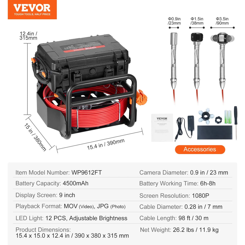 Vevor Sewer Camera 98 ft. Self-Leveling with 512Hz Transmitter LEDs 9" HD Screen New