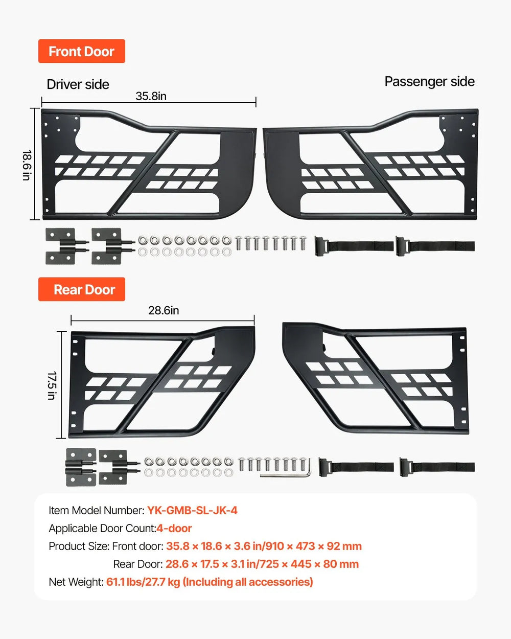 Vevor Jeep Tube Doors Hunting Style for 2007-2018 Wrangler JK New