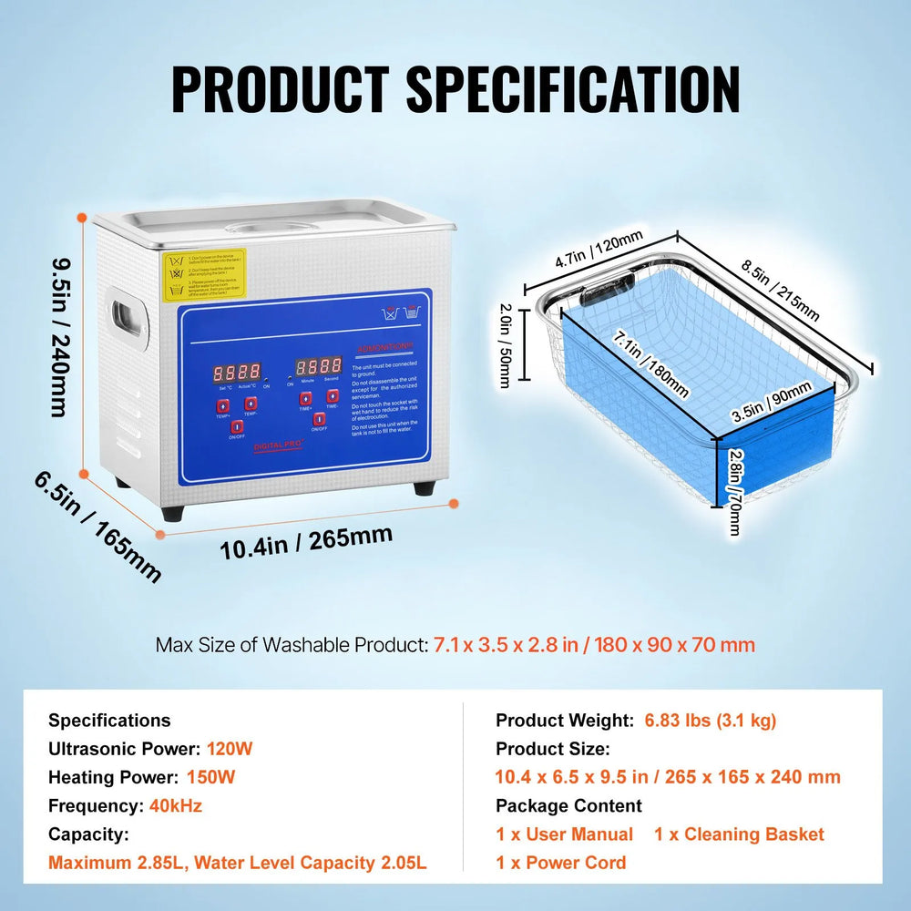 Vevor Ultrasonic Cleaner Professional 2.85 L Digital Timer & Heater Stainless Steel 40kHz New
