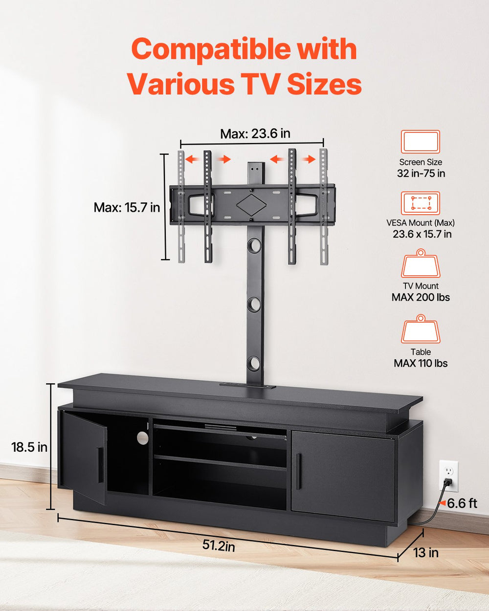 Vevor TV Stand 52" Entertainment Center with Mount for TVs up to 75" New