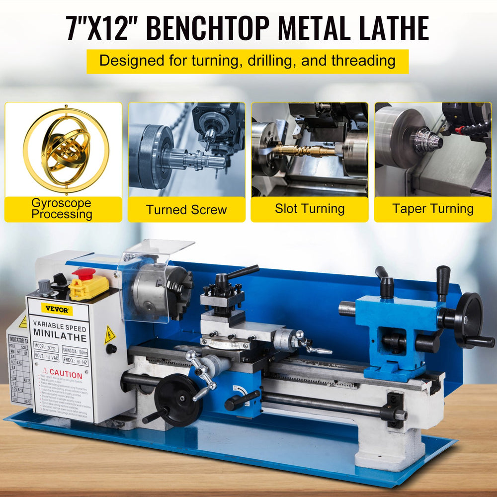 Vevor Mini Metal Lathe 7" x 12" Precision Benchtop Variable Speed 50-2500 RPM 550W New