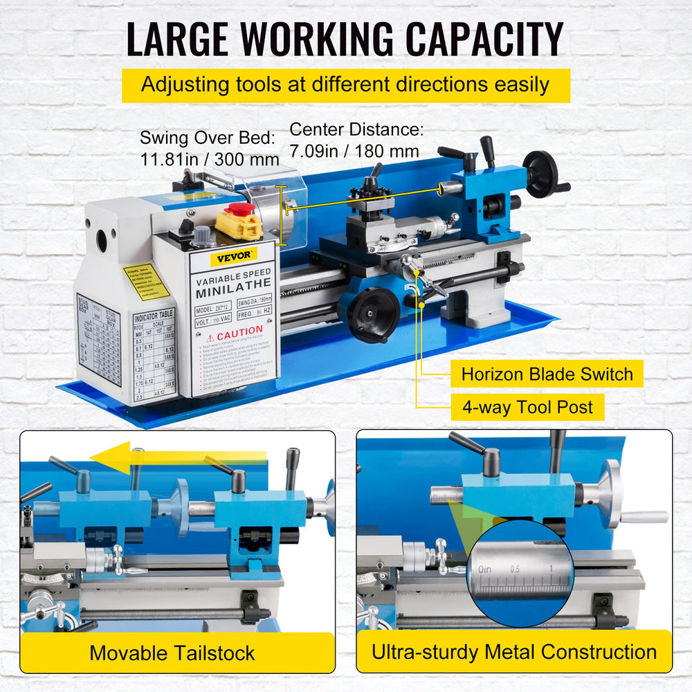 Vevor Mini Metal Lathe 7" x 12" Precision Benchtop Variable Speed 50-2500 RPM 550W New