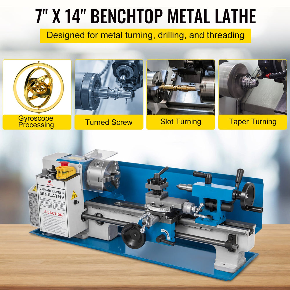 Vevor Metal Lathe 7" x 14" Mini Bench Top Variable Speed 50-2500 RPM 550W New