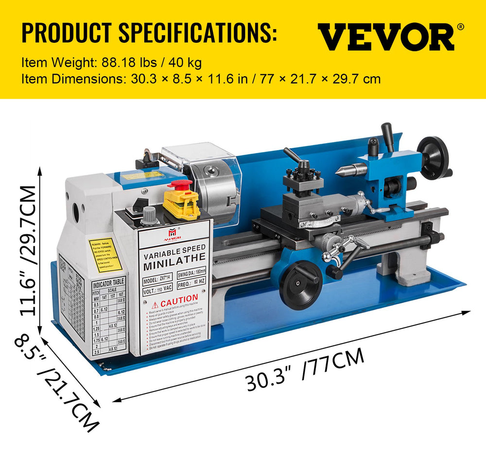 Vevor Metal Lathe 7" x 14" Mini Bench Top Variable Speed 50-2500 RPM 550W New