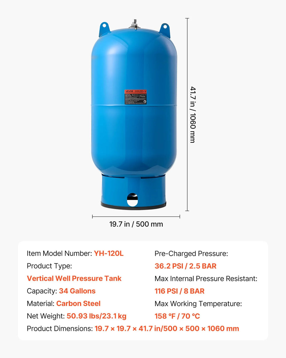 Vevor Well Pressure Tank 34 Gal. Vertical Pre-Charged Pressurized 1" NPT New