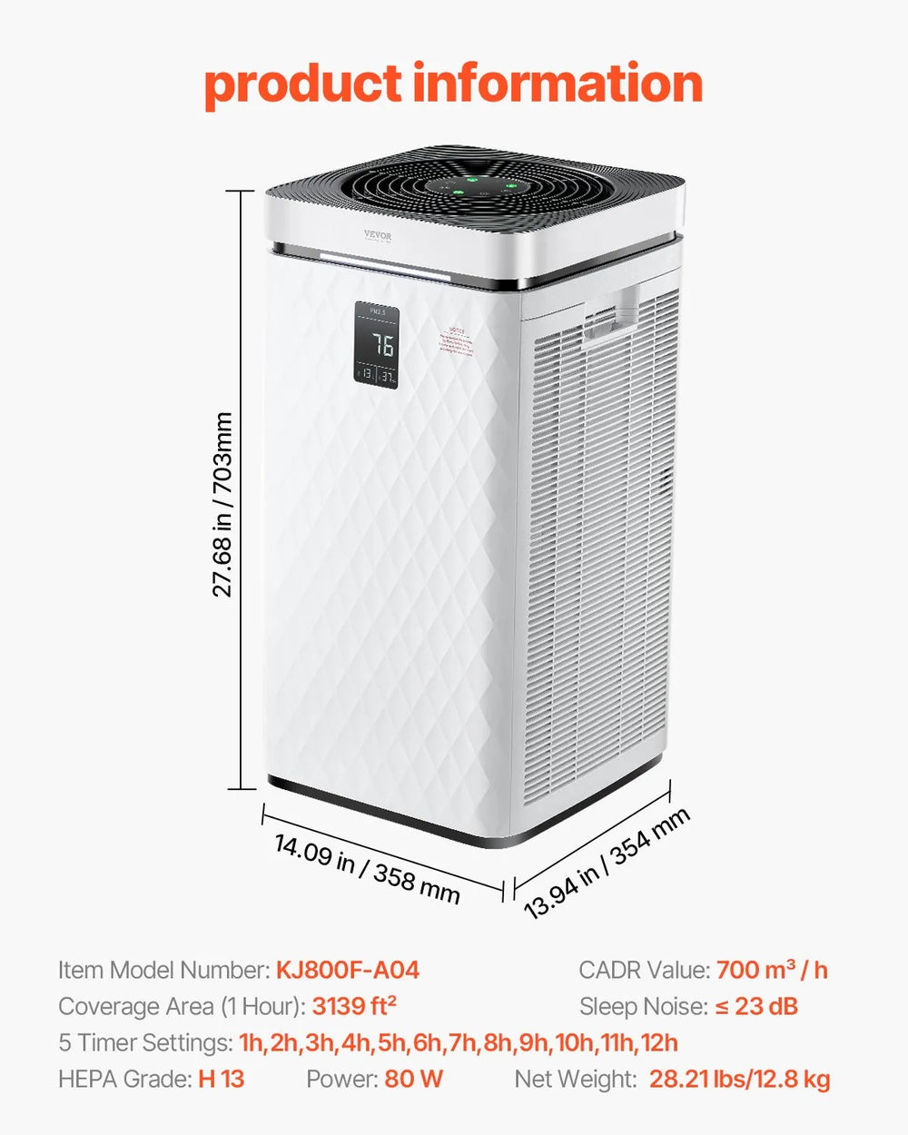 Vevor Smart Air Purifier 3139 ft²/h H13 HEPA Filter for Home & Office New