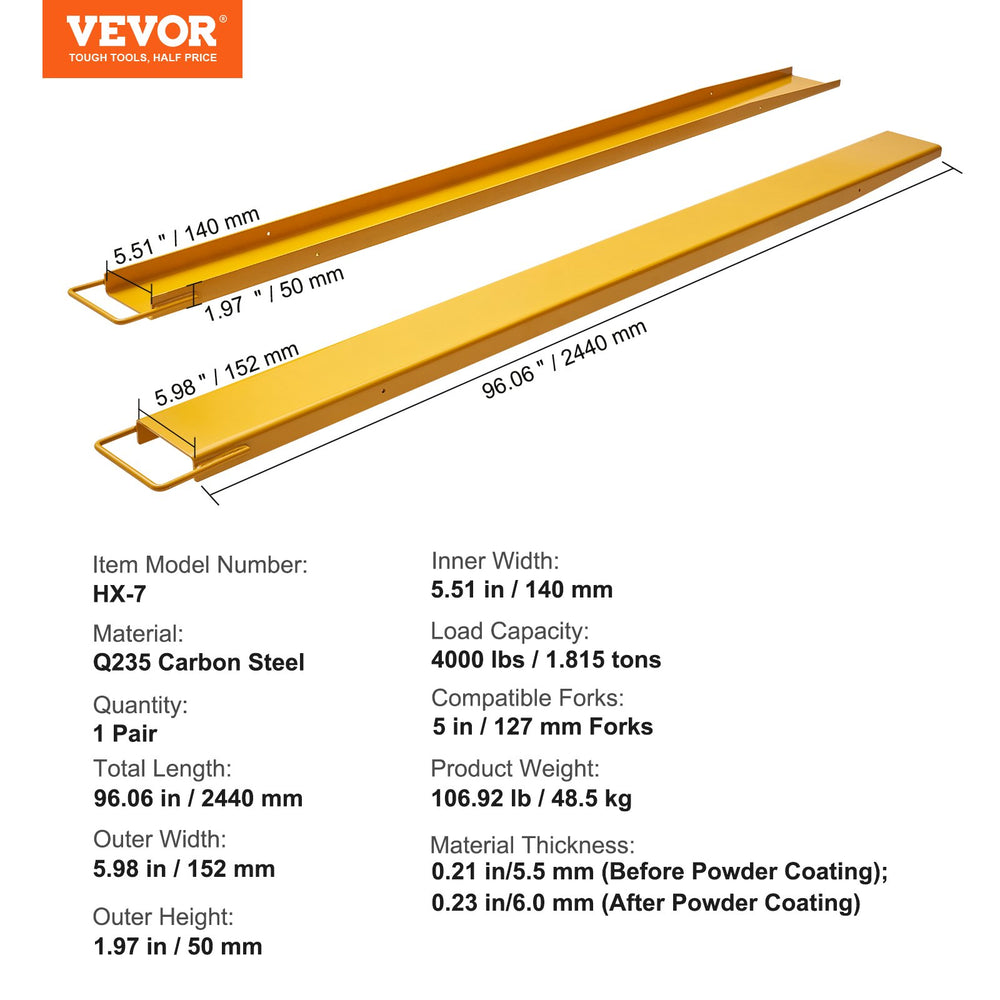 Vevor Pallet Fork Extensions 96" Length 5.5" Width Heavy Duty Carbon Steel New