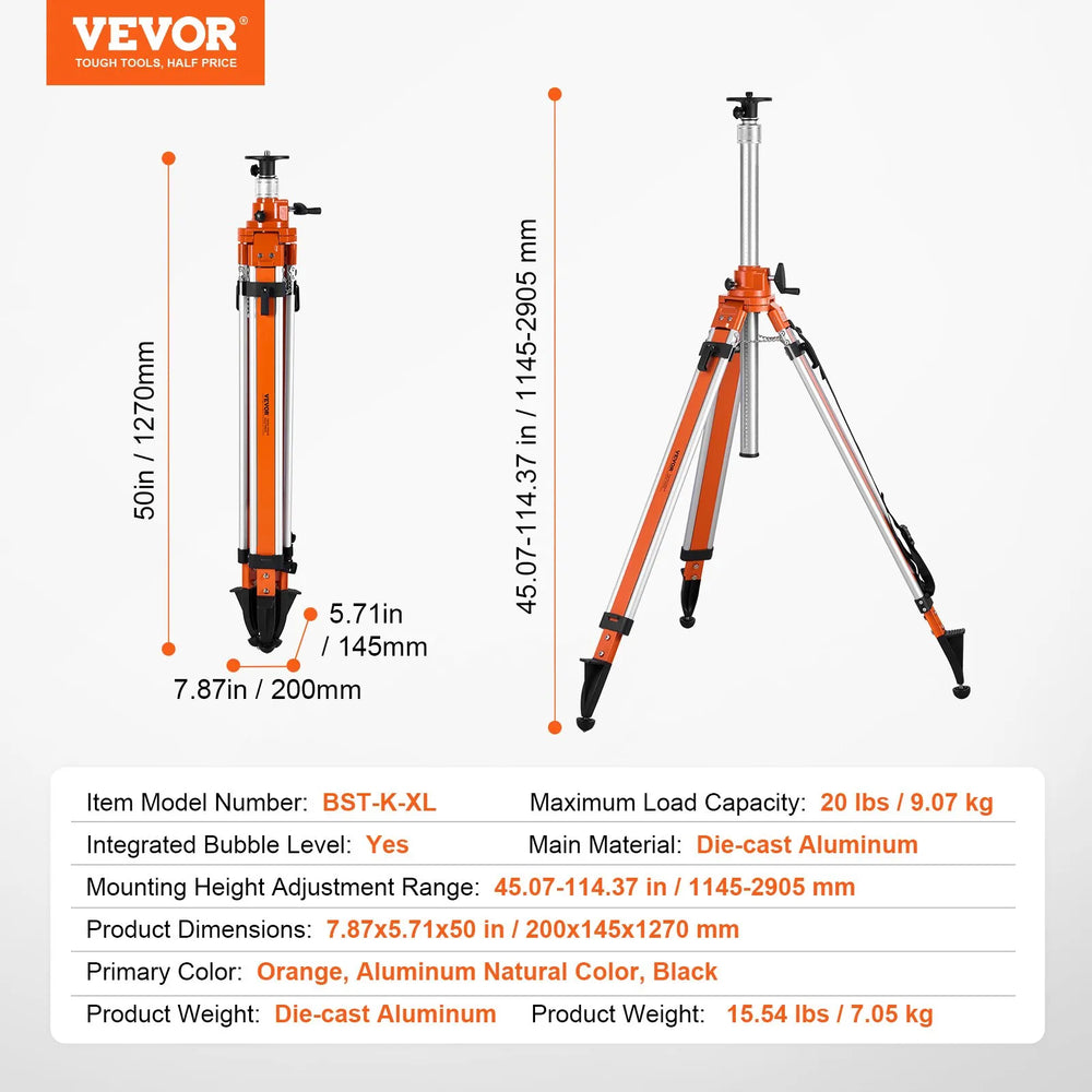 Vevor Laser Level Tripod Stand 45.07"-114.37" Height Adjustment with Level Bubble New