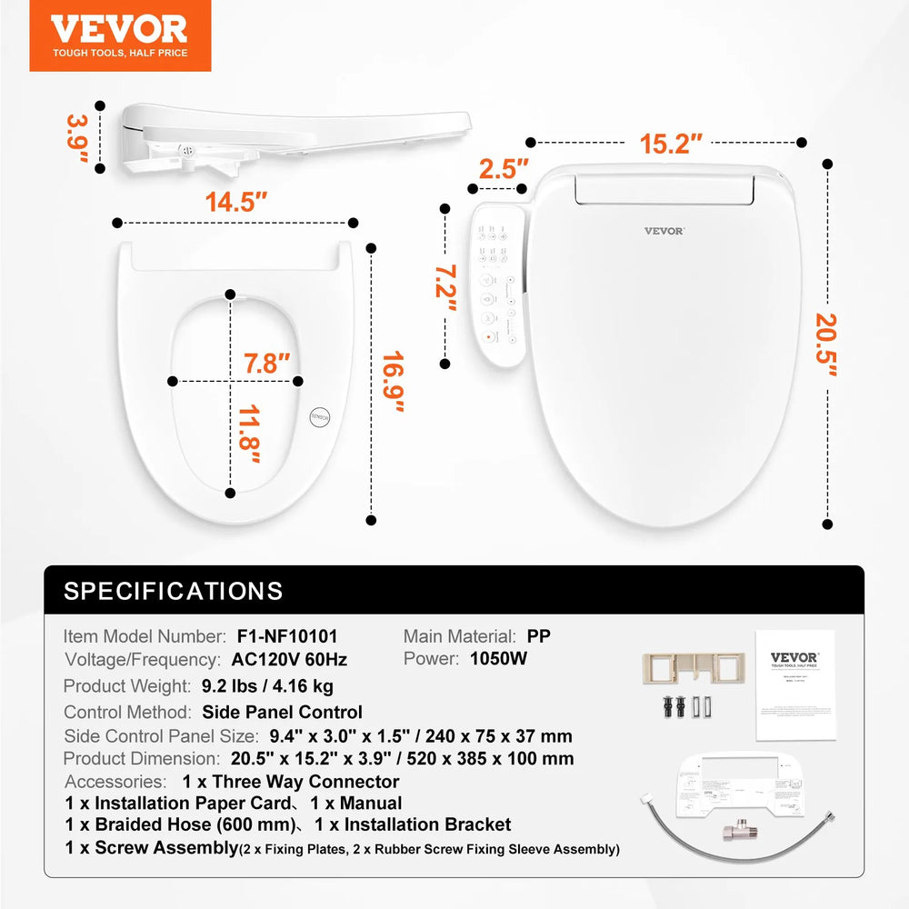 Vevor Elongated Bidet Toilet Seat Electric with Smart Heating Side Arm Control New