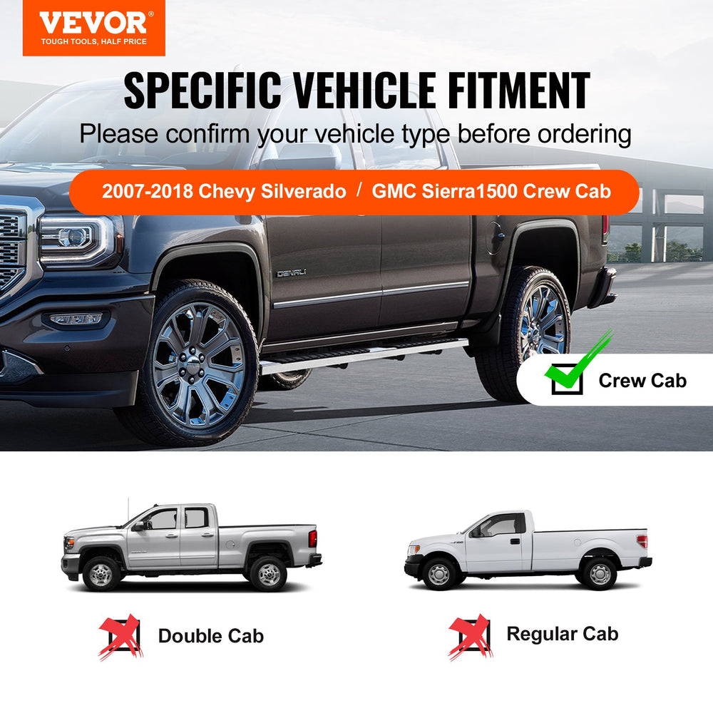 Vevor Truck Running Boards 6" Step Bars Stainless Steel for 2007-2018 Chevy Silverado/GMC Sierra New