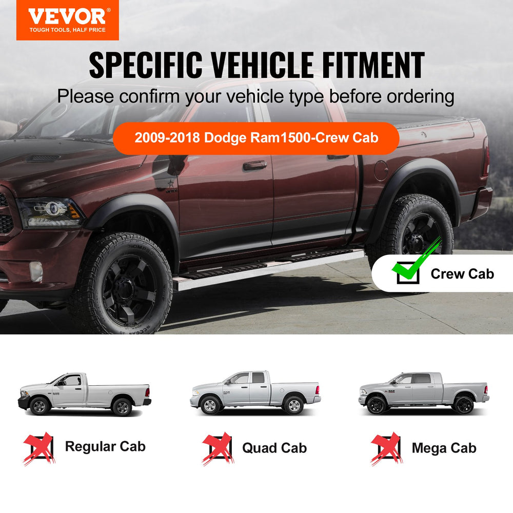 Vevor Truck Running Boards 6" Step Bars Stainless Steel for 2009-2018 Dodge Ram 1500 New