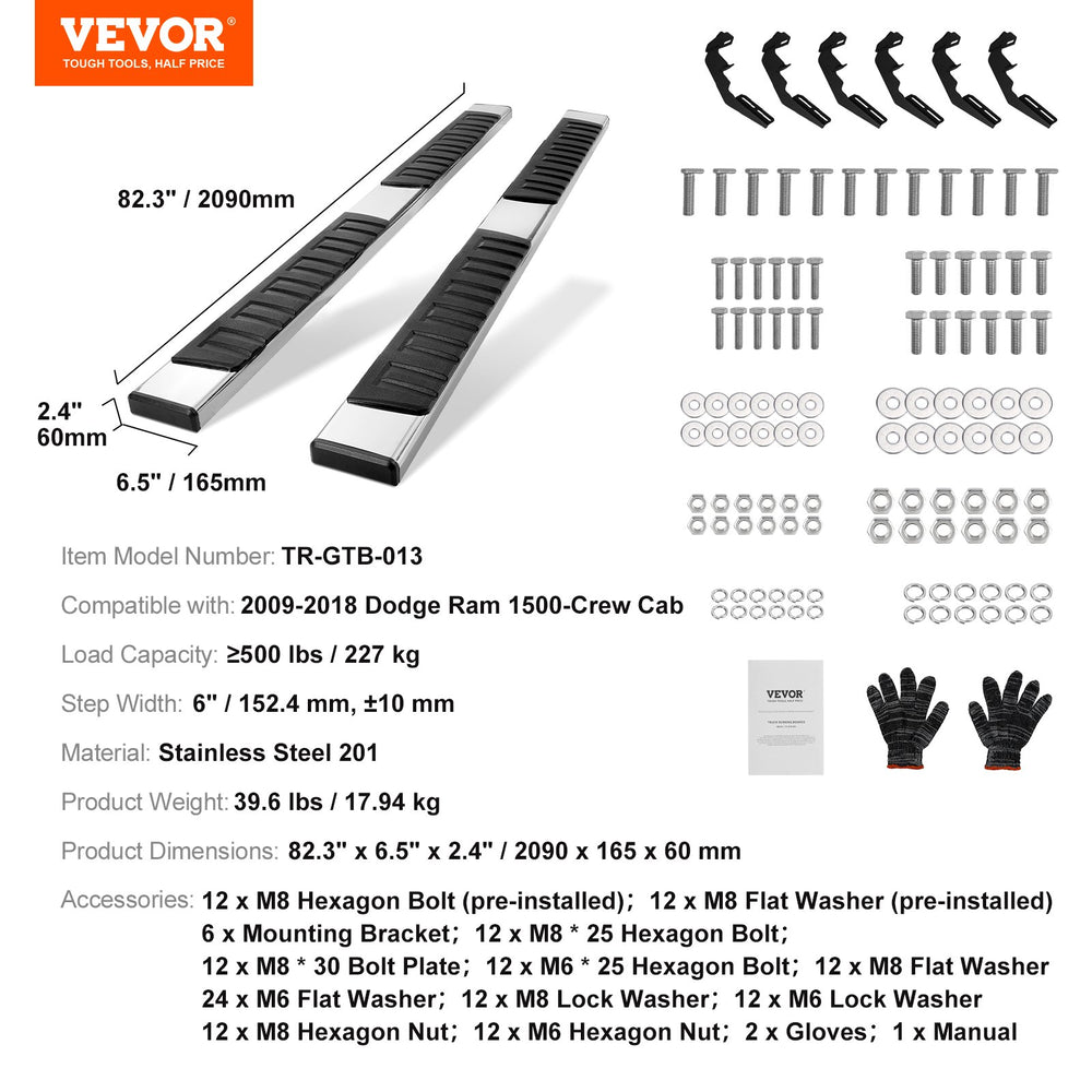 Vevor Truck Running Boards 6" Step Bars Stainless Steel for 2009-2018 Dodge Ram 1500 New