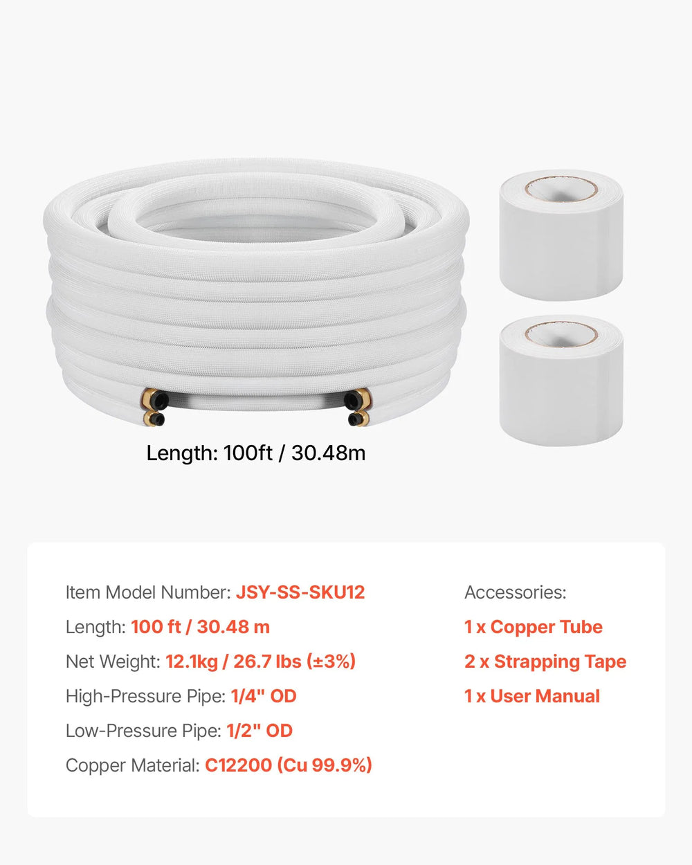 Vevor Mini Split Line Set 100 ft. 1/4" and 1/2" OD Copper Tubing Insulated with Flared Nuts New