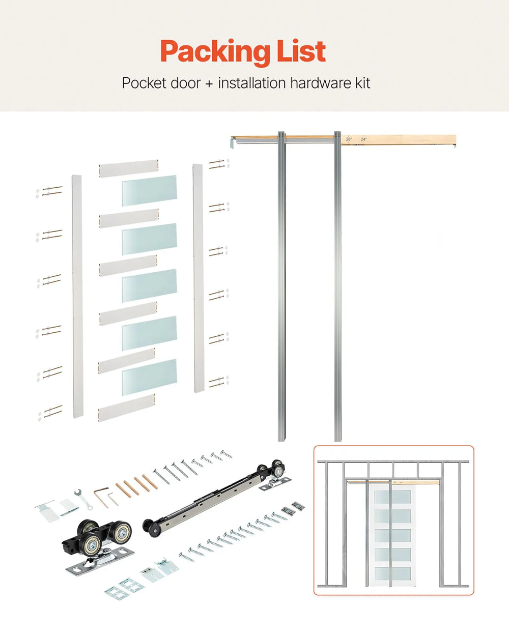 Vevor Sliding Pocket Door 30" x 80" Frosted Glass with Hardware Kit New