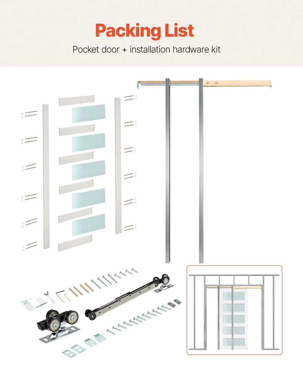 Vevor Sliding Pocket Door 36" x 80" Frosted Glass with Hardware Kit New