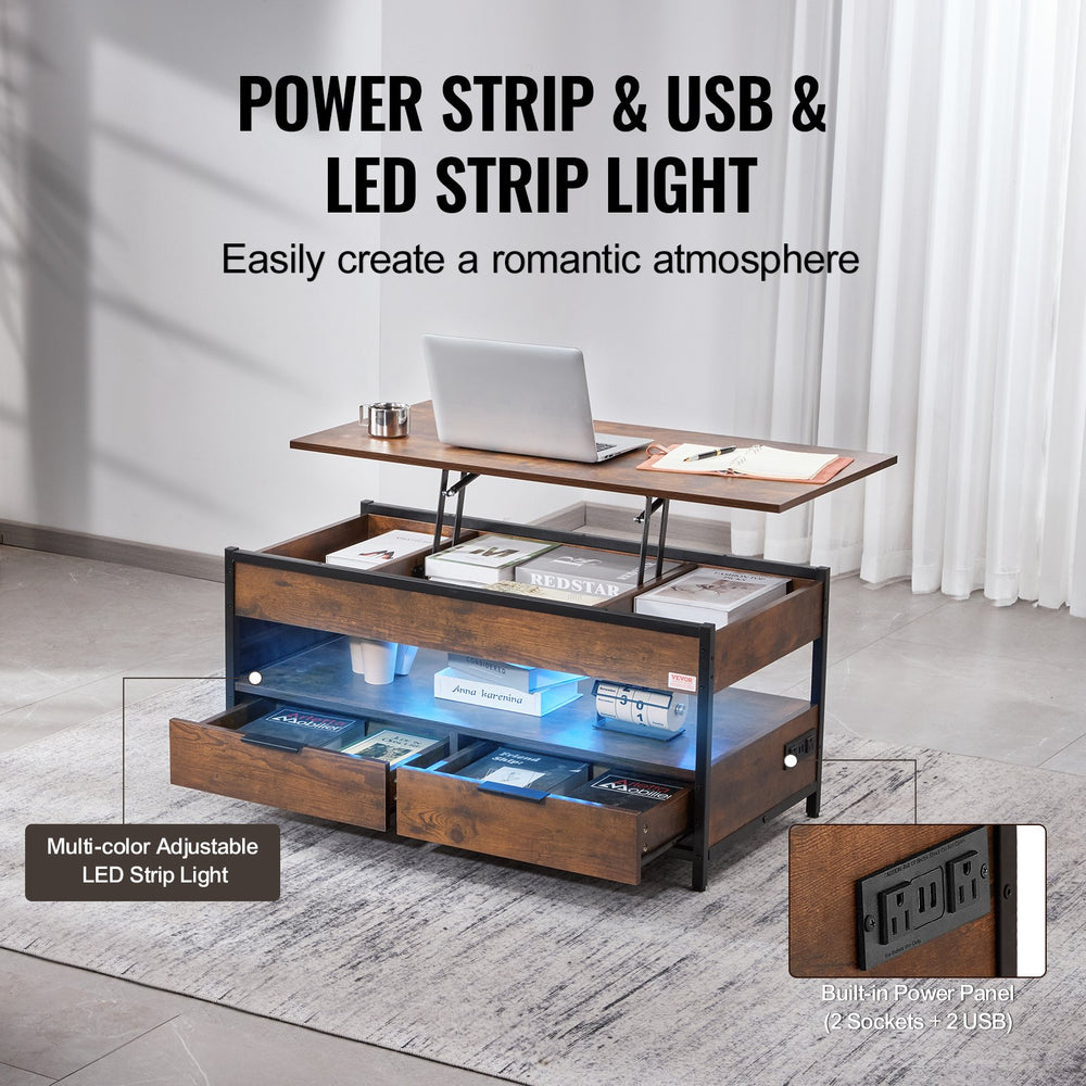 Vevor Lift Top Coffee Table 39.4" with Light and USB Power Panel New