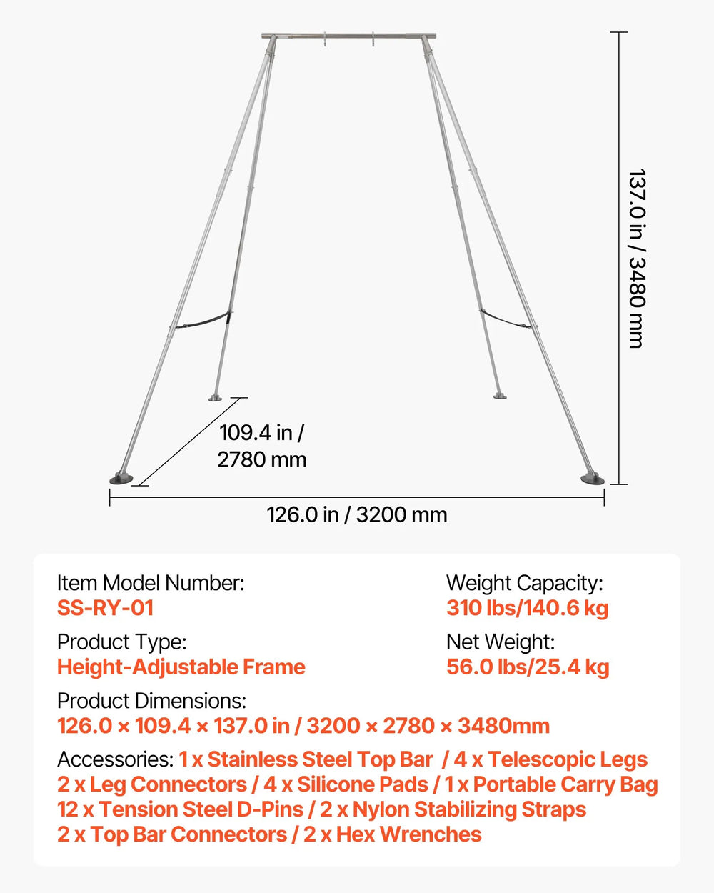 Vevor Yoga Stand Swing Frame 5-11 Ft. Adjustable 310 lbs Capacity New