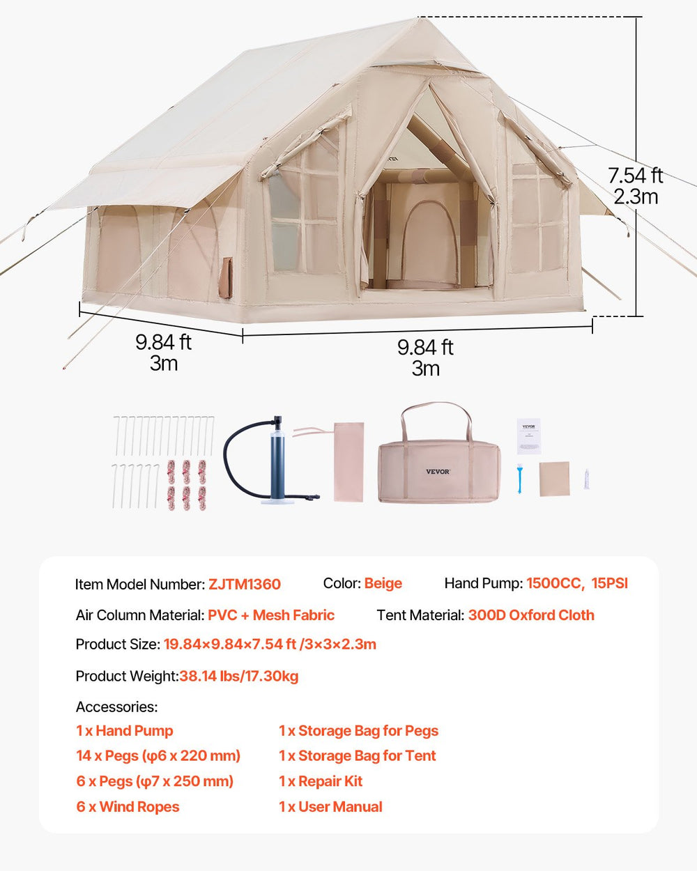 Vevor Inflatable Camping Tent 9.8 x 9.8 Ft with Pump 4-6 Person Capacity New