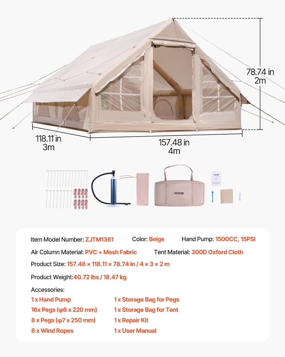 Vevor Inflatable Camping Tent 9.8 x 13 Ft with Pump 5-8 Person Capacity New