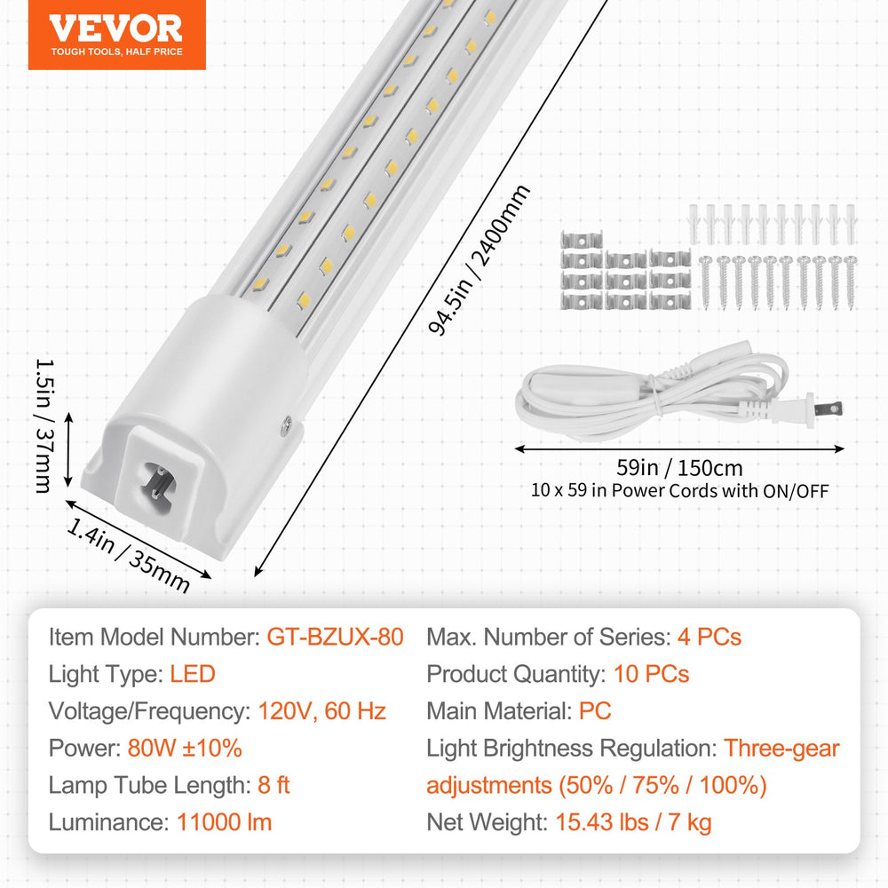 Vevor LED Shop Light Fixture Linkable 8 Ft. 10000LM 80W with 48" Connectors 10-Pack New