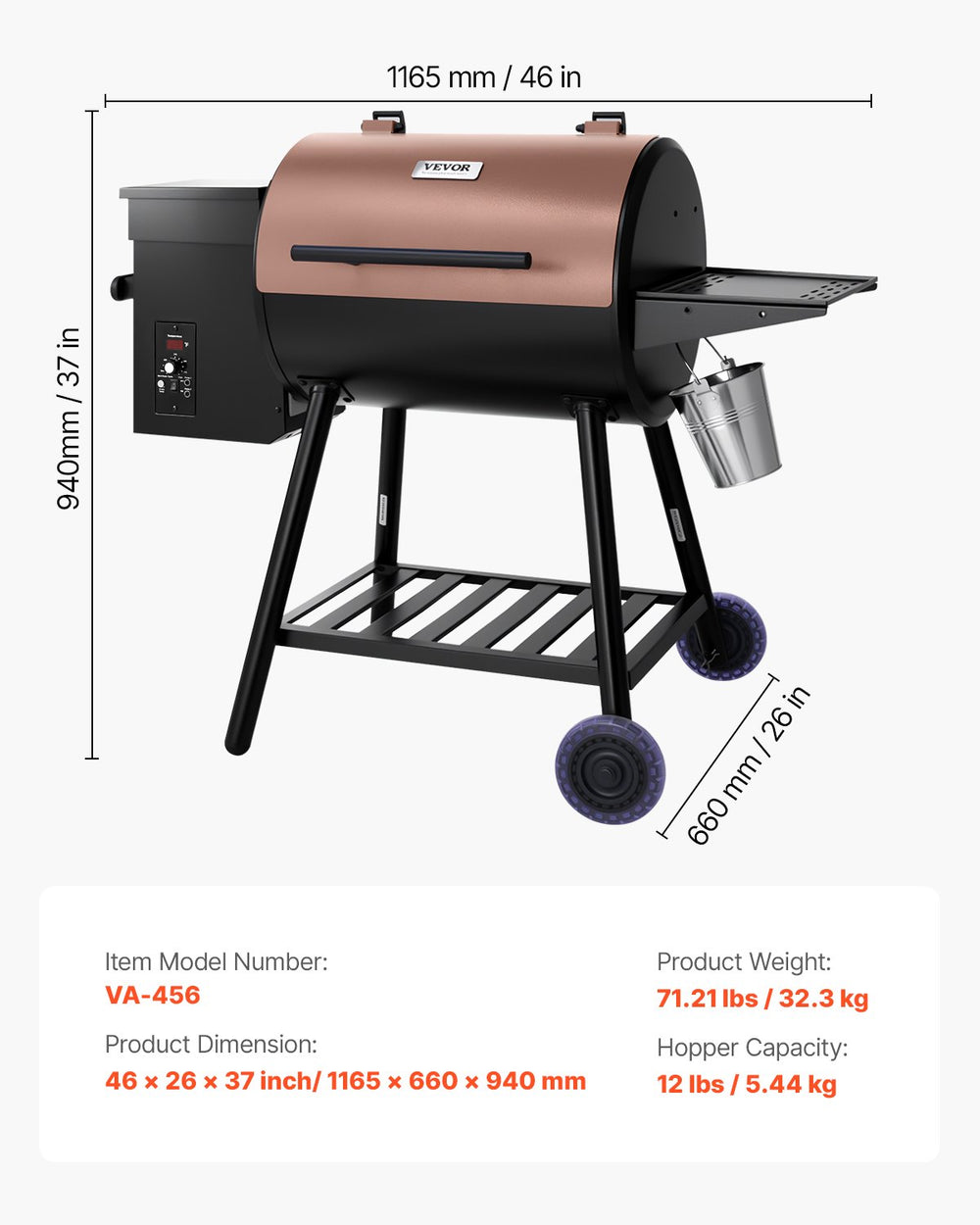Vevor Wood Pellet Grill Smoker 500°F Max Temp 456 Sq.in Cooking Area New