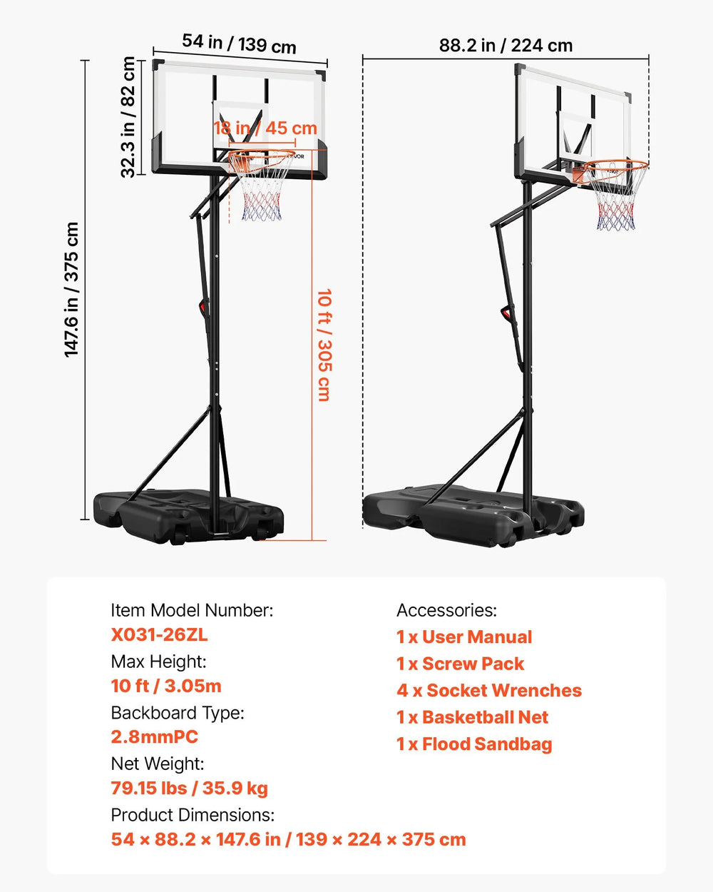 Vevor Portable Basketball Hoop 10' Height Adjustable 54" Backboard New