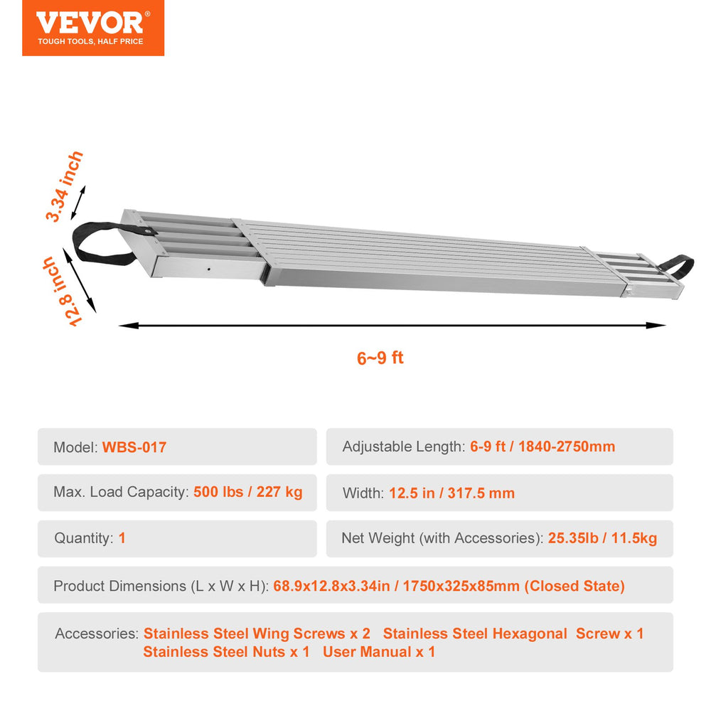 Vevor Telescoping Work Plank 6-9 Ft 500lbs Capacity 12.5" Wide Aluminum Scaffold New