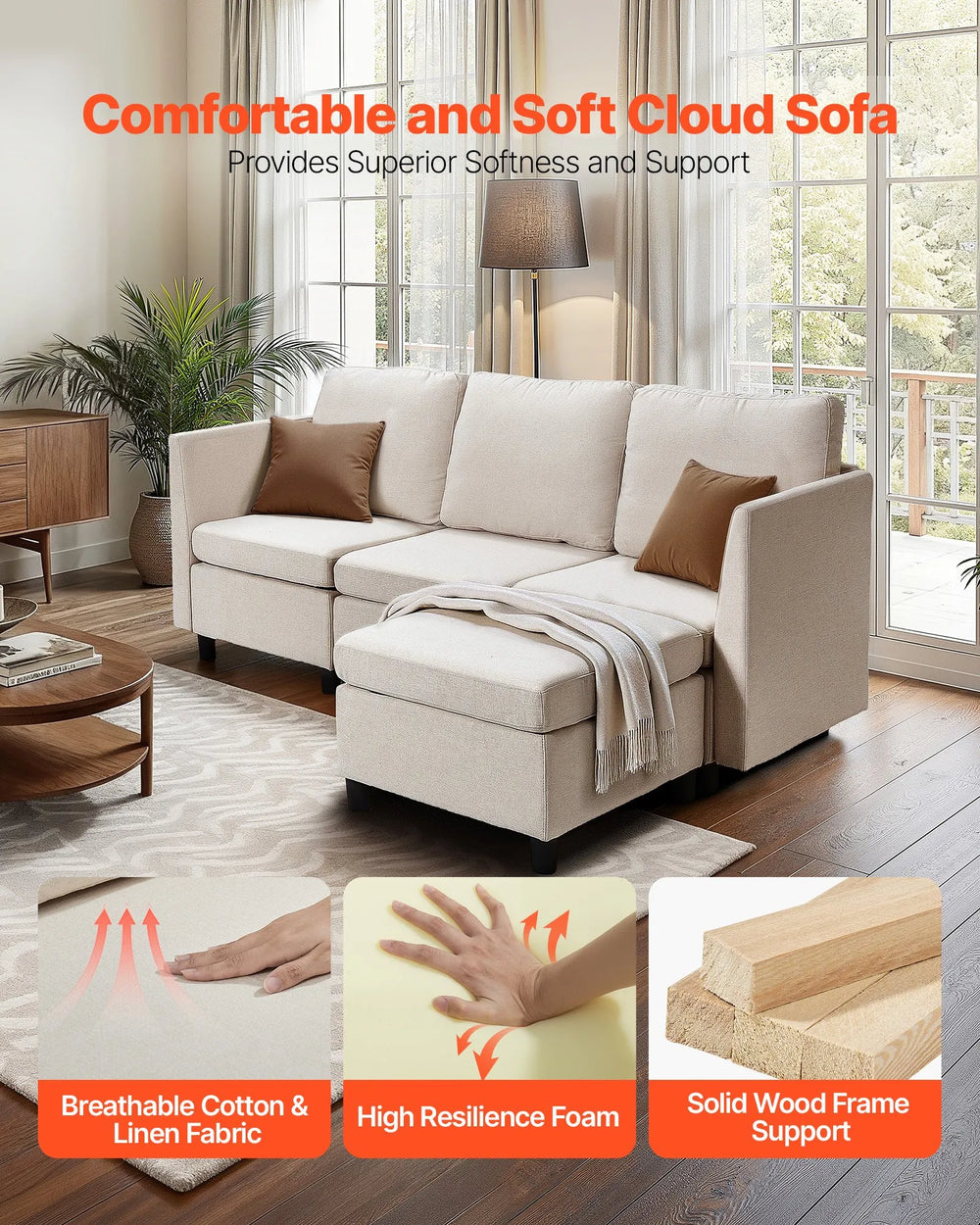 Vevor Modular Sectional Sofa 3-Seater with Hidden Storage and Ottoman New