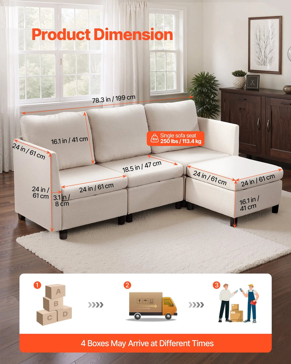 Vevor Modular Sectional Sofa 3-Seater with Hidden Storage and Ottoman New