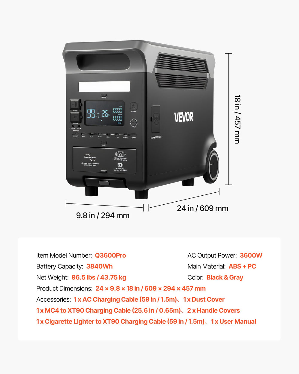 Vevor Portable Power Station 3600W 3840Wh with 10 Output Ports Expandable New