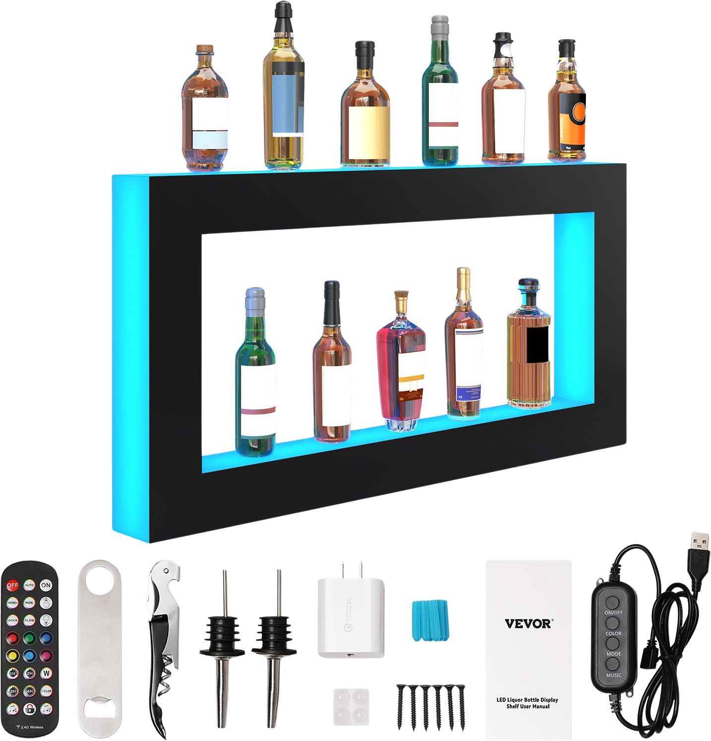 Vevor LED Lighted Liquor Bottle Display Bar Shelf with App Control 48